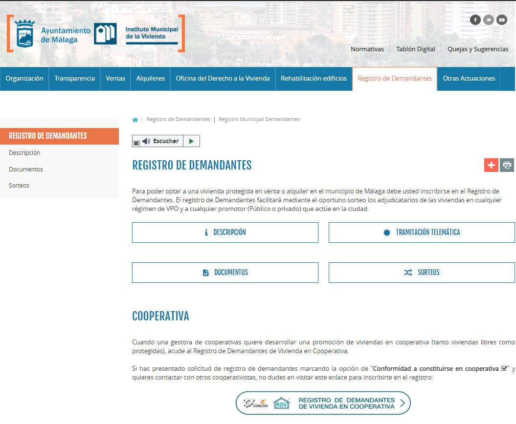 Inscríbete al Registro desde la web del Instituto Municipal de Vivienda de Málaga: